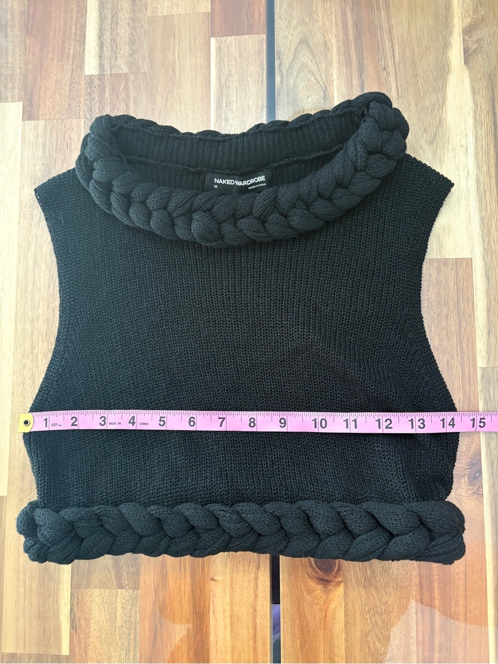 NWOT Naked Wardrobe Sz M Black Rib Knit Braid Trim Crop Top Sheer - Picture 9 of 12